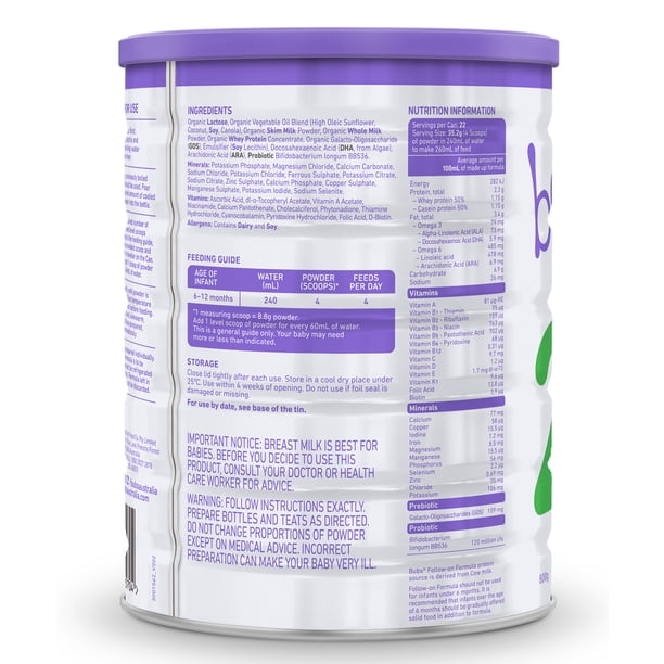 Bubs Organic Stage 2 800g - Baby nutrition solutions - Walmart