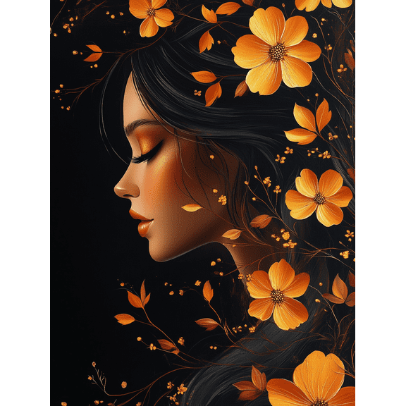 Golden Flowers and Woman Canvas Art Print， Suitable for Living Room， Bedroom， Bathroom， Office， and Dining Room Decoration.