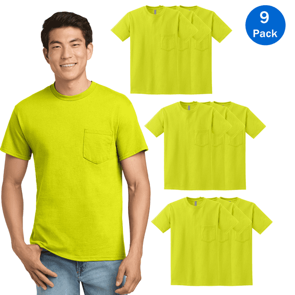 Gildan Men’s High Visibility Safety T-Shirt, Hi Vis Short Sleeves Adult Workwear with Single Pocket Crewneck Safety Green Tee, 9 Pack, S