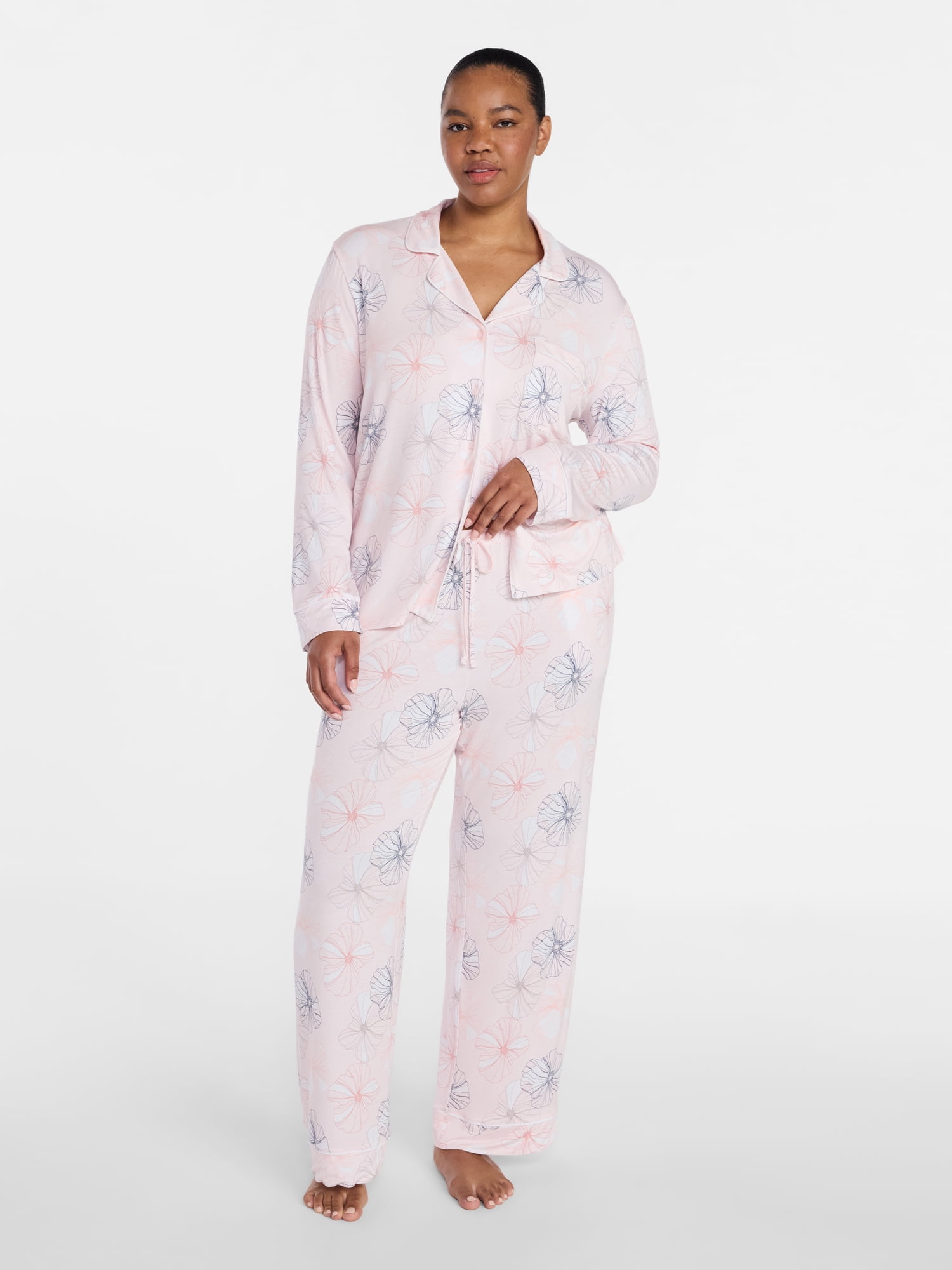Joyspun Women’s Sleep Modal Long Sleeve Notch Top and Pants Pajama Set, Size XS-XL, 2X-3X