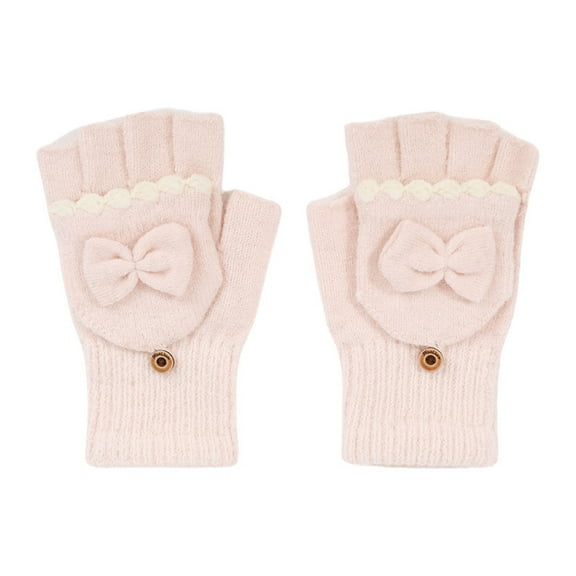 Winter Knitted Fingerless Wool Gloves Thermal Convertible Mittens Flap Cover Color: Light Pink Size: One Size