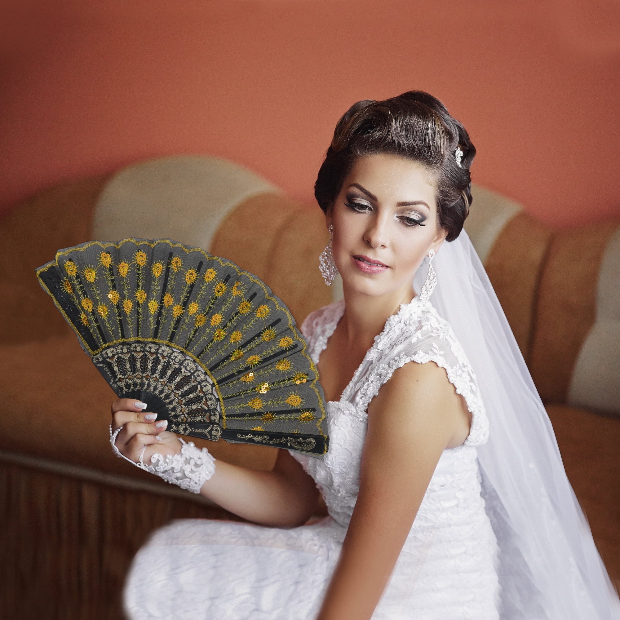 Unique Bargains Beautiful Sequins Folding Fan 1 Pc Yellow