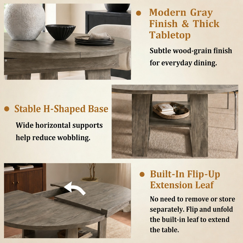 43"-59" Extendable Round-to-Oval Dining Table for 4-6 with Flip-Up Leaf, Kitchen Accent Dinner Table with Storage Shelf
