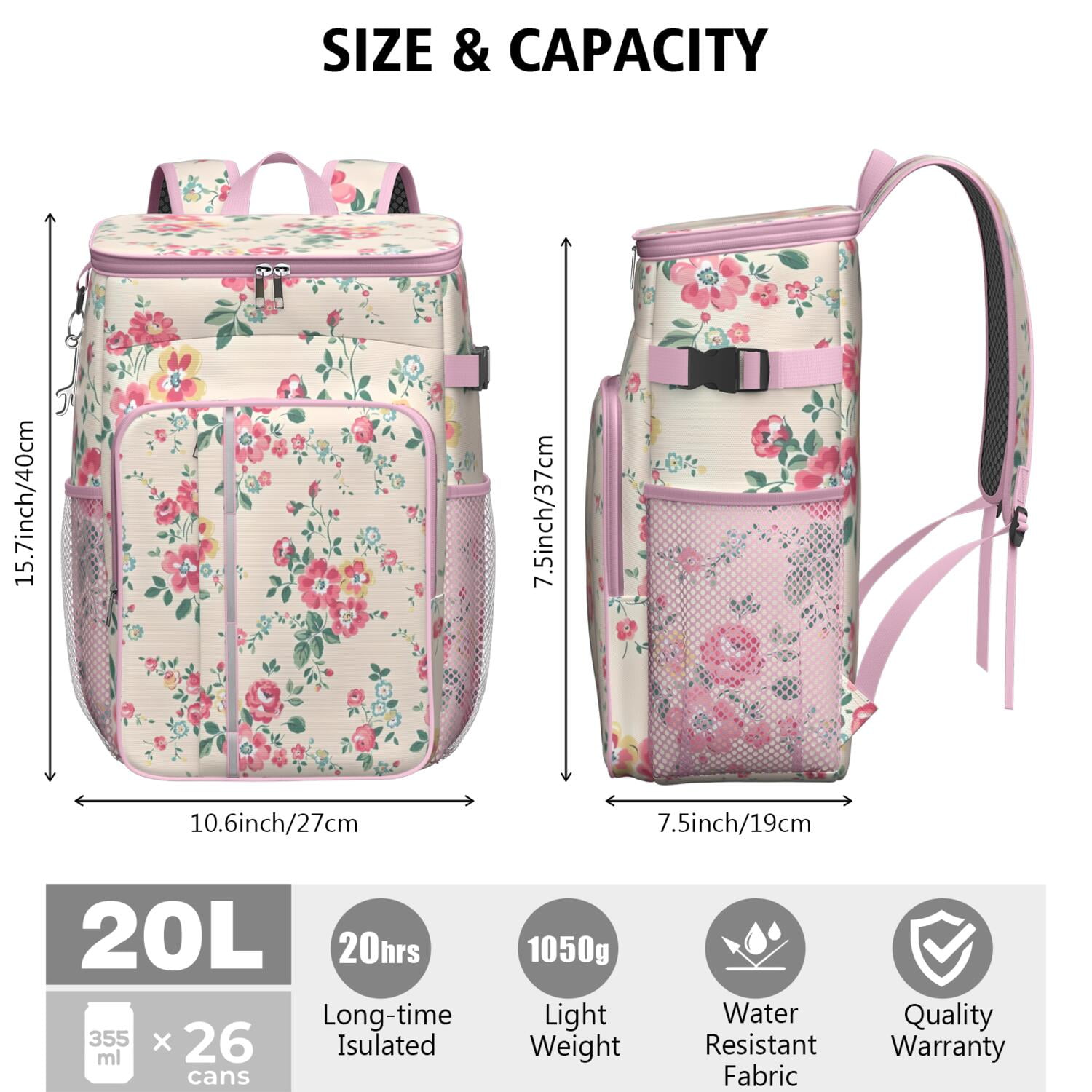 Travel Cooler Bag - Pioneer Flower Floral Print Pattern Camping Beer Cooler Backpack with Bottle Opener- Waterproof Insulated Picnic Backpacks - Cooler Bag for Beach