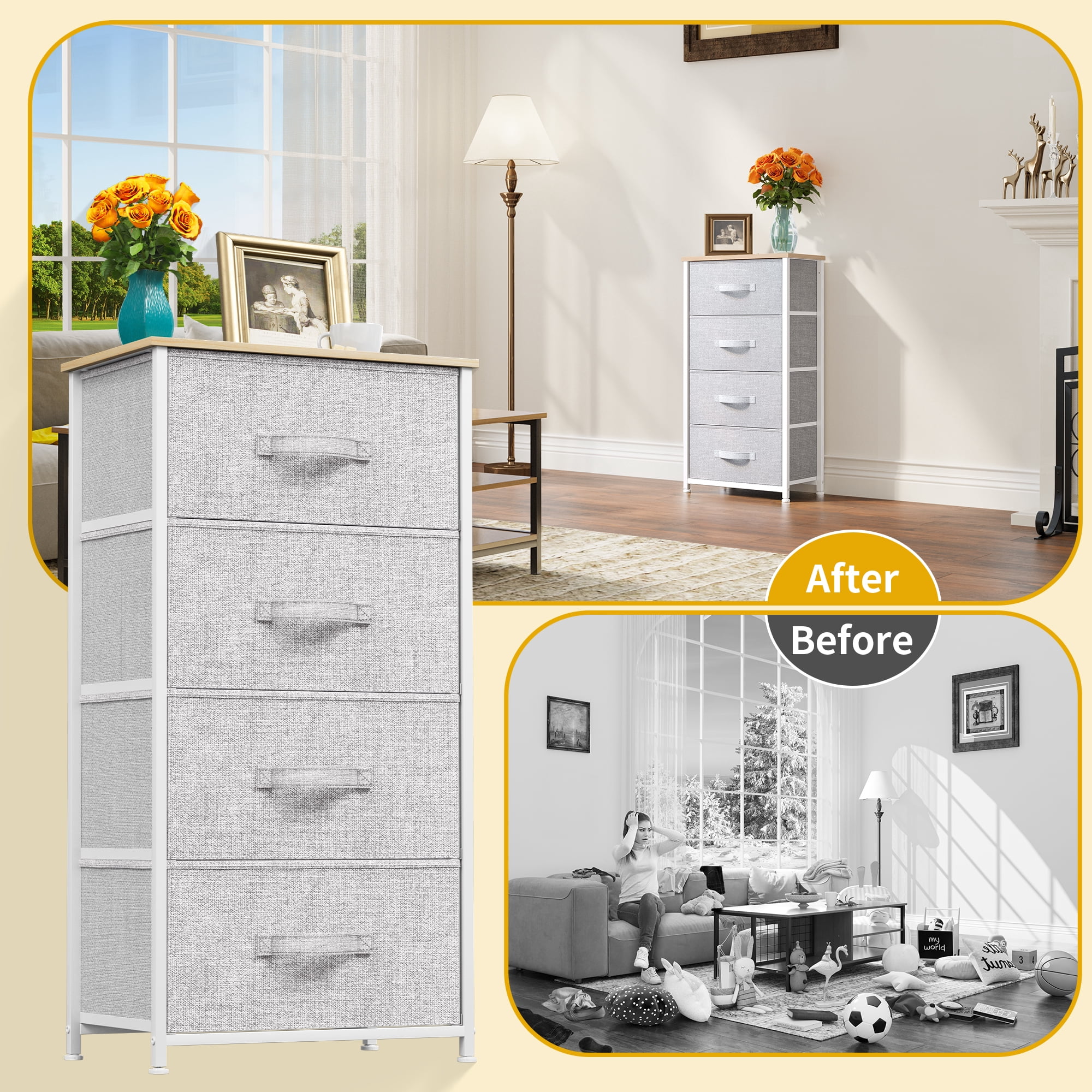 YINTATECH 4 Drawer Dresser Storage Unit Shelf Organizer Bins Chest Fabric Drawers, Light Gray"