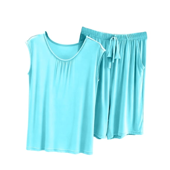 LNWUY Summer Cotton Pajama Set for Women Plus Size Soft Lounge Shorts and Tank Top Breathable Comfort Sleepwear Blue XXL