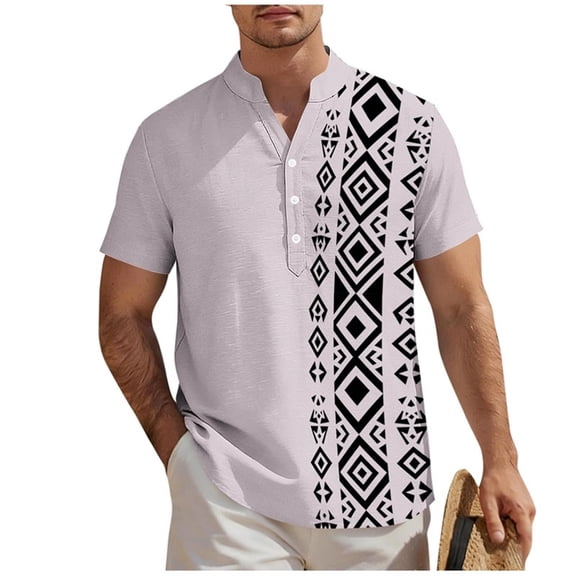 Mens Henley Shirts Printed Casual T Shirt Short Sleeve Banded Collar Button Down Vintage Beach Tops Big and Tall Size S-5XL Hot Pink