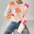 thumbnail image 2 of Hueook Plus Size Sweaters for Women Yellow Sweater Women Women's Color Blocked Floral Knit Sweater Loose Long Sleeved Round Neck Pullover Sweater Orange M, 2 of 6