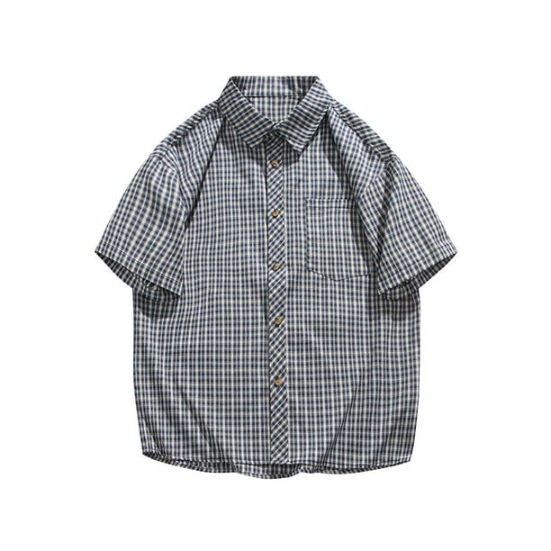 Mens Manga Corta Botón Abajo Camisas con Bolsillo, Moda Retro Turndown Cuello Blusa para Casual Y Diario