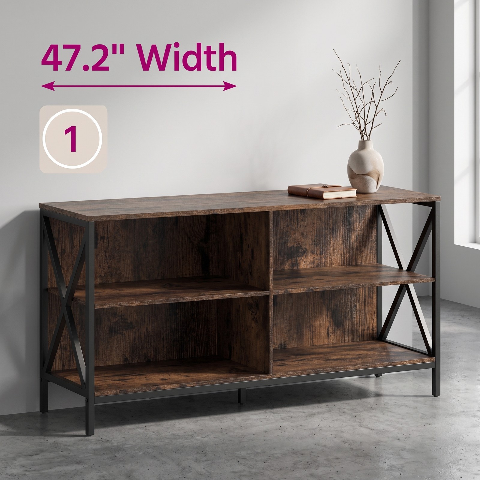 Furnibear Wooden TV Stand Entertainment Center for TVs up to 55 Inch, X-Shaped Metal Frame Media Console with Open Storage Shelves for Living Room, Rustic Brown & Black