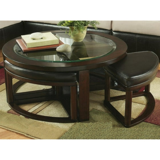 Roundhill Cylina Solid Wood Glass Top Round Coffee Table With 4 Roundhill Cylina Solid Wood Glass Top Round Coffee Table With 4 Stools