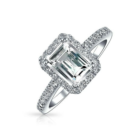 2CT Emerald Cut Cubic Zirconia Thin Pave Band Halo CZ Deco Style 925 Sterling Silver Engagement Promise Ring For (Best Wedding Band For Emerald Cut Engagement Ring)