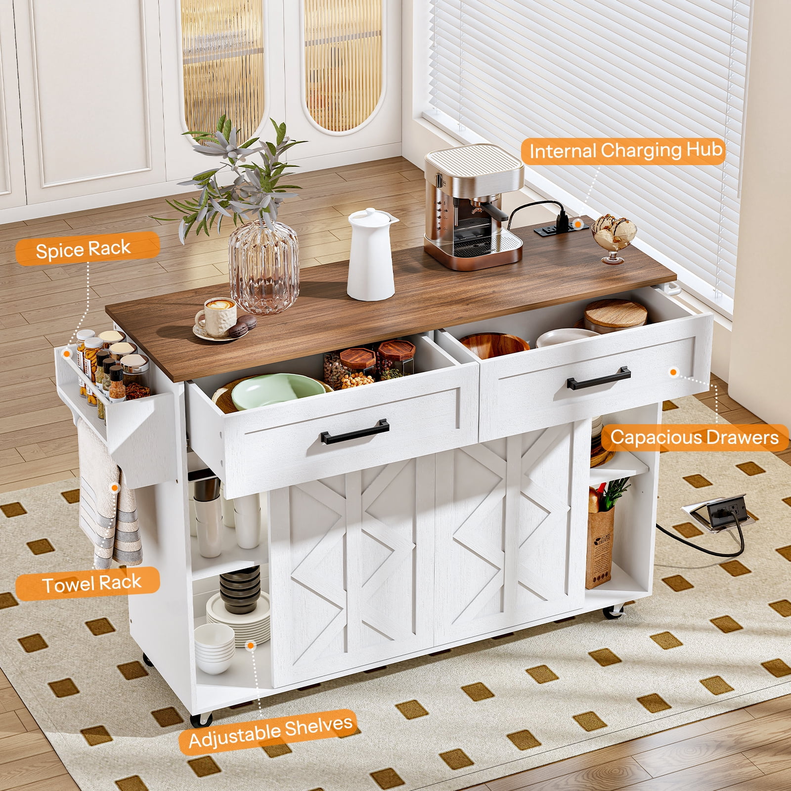 HOOBRO Kitchen Island with Storage, Power Outlet, Rolling Kitchen Island Cart on Wheels, with 2 Drawers, Sliding Barn Doors and Lockable Wheels, Farmhouse, White and Walnut WH28UZD01