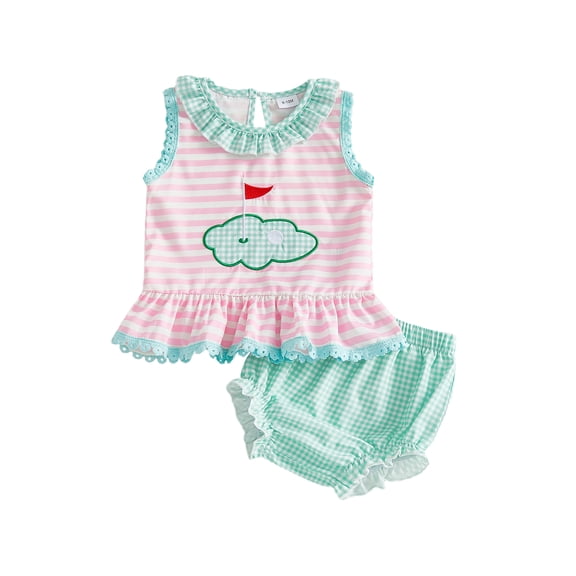 BemeyourBBs Newborn Baby Girls Golf Outfits Summer Golf Themed Embroidery Sleeveless Ruffle Tank Tops and Plaid Shorts Set Cute Infant Summer Clothes