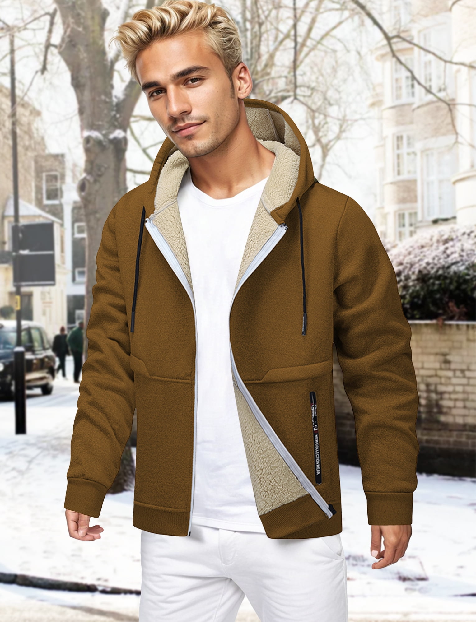 FEOYA Sherpa Lined Hoodies for Men Heavyweight Fleece Jackets Thermal Thick Coat Softshell Outwear Warm winter Sweatshirt with Pockets 2XL Brown