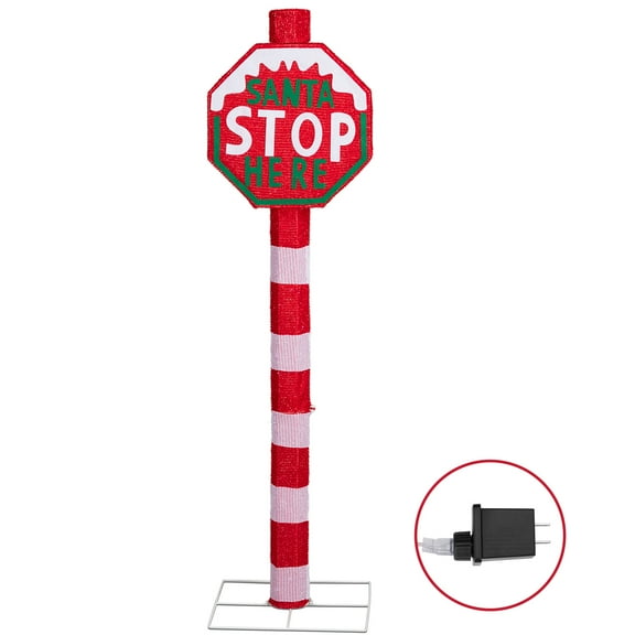 Lighted STOP Sign Christmas Yard Decorations, Pre-lit Road Sign SANTA STOP HERE with 70 LED White Lights and Stakes for Outdoor Indoor Holiday Decor