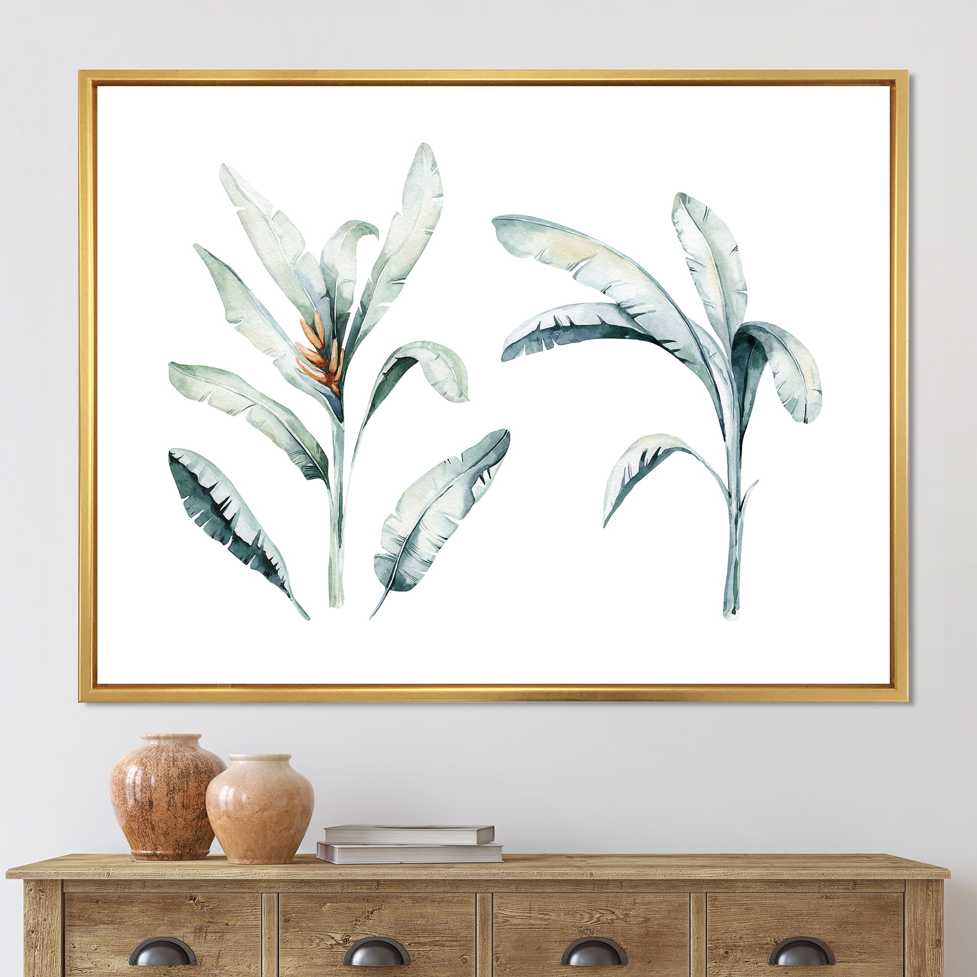Designart 'Tropical Jungle Leaves On White' Bohemian & Eclectic Framed Canvas Wall Art Print