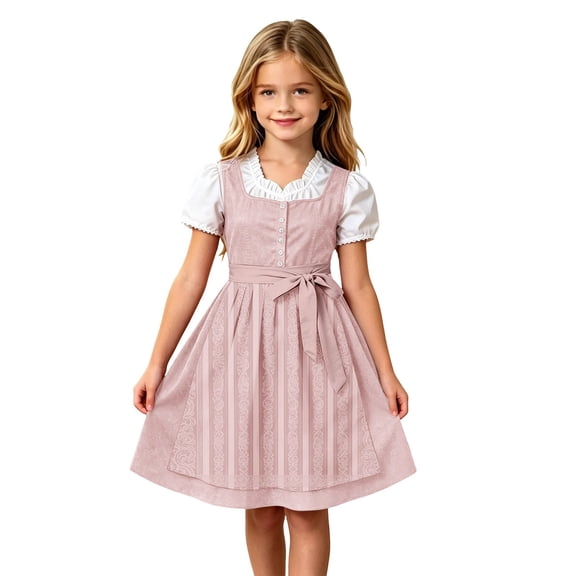 Cute Kids Oktoberfest Bavarian Dress Girls Tie Bow Waist Traditional