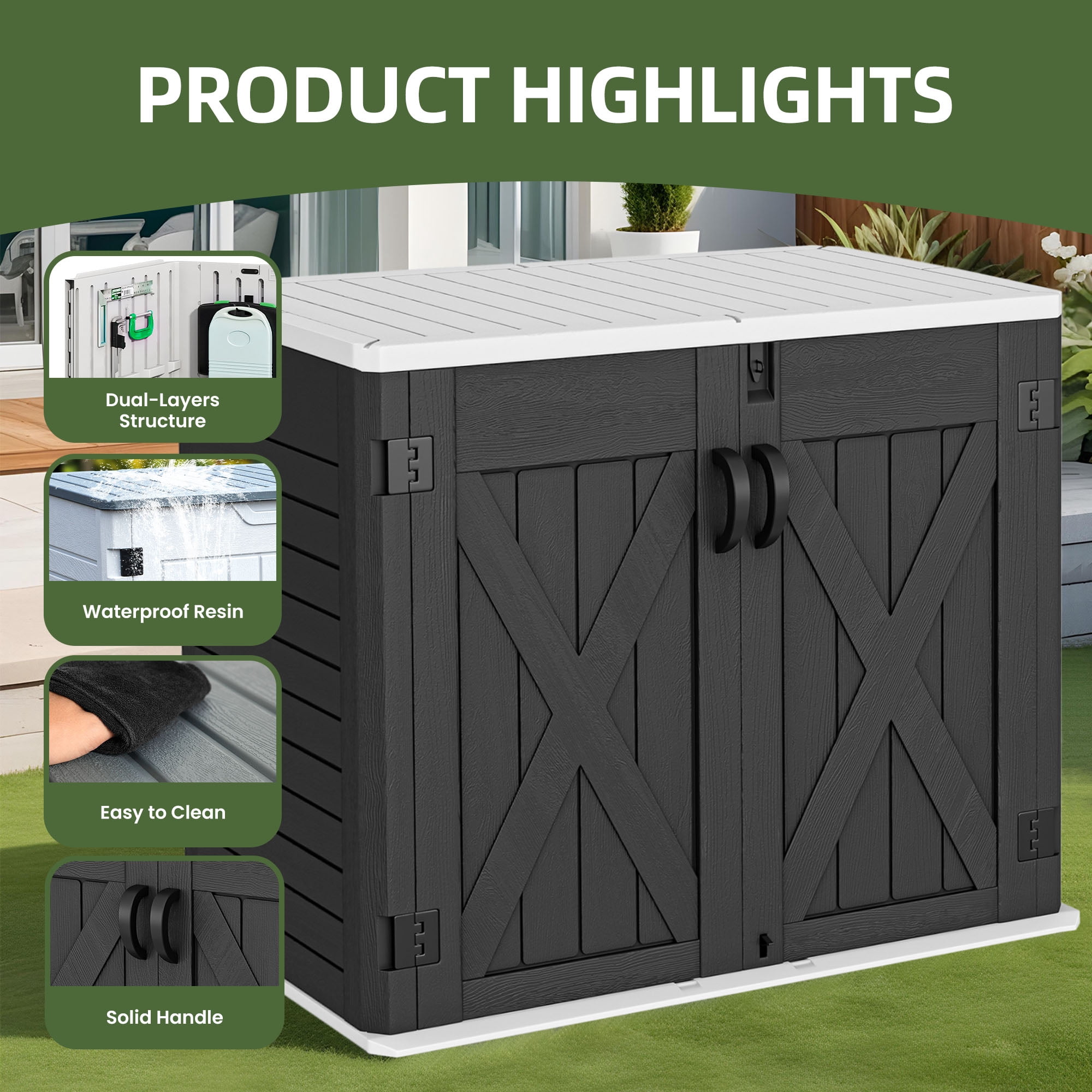 Uforic Outdoor Horizontal Storage Shed with X-Shaped Lockable Door, 35 Cu Ft Weather Resistant Resin Tool Shed, Dark Gray