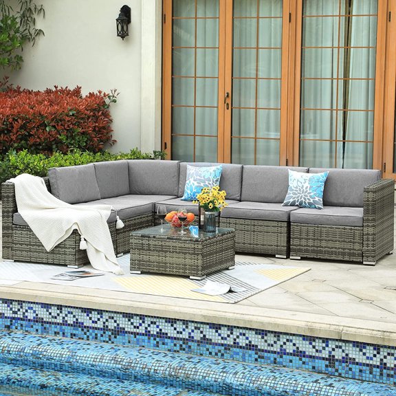 Dextrus 7 Pieces Patio Furniture Set, Outdoor Sectional Sofa PE Rattan Wicker Conversation Set with Coffee Table and Cusion ,Gray Gradient
