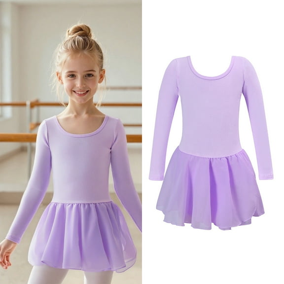 Dance Leotards for Girls Long Sleeve Girls Purple Dance Leotard with Skirt Kids Ballet Outfit 8-9 Years Dance Leotards for Girls
