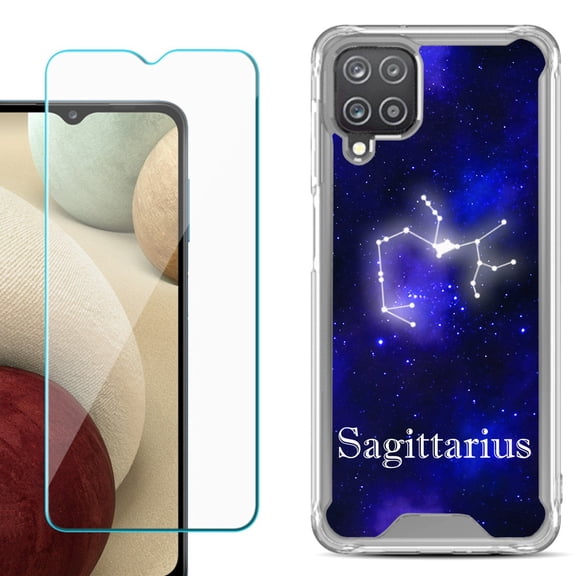 Shockproof Bumper Phone Case for Samsung Galaxy A12, with Tempered Glass Screen Protector, by OneToughShield ® - Zodiac / Sagittarius