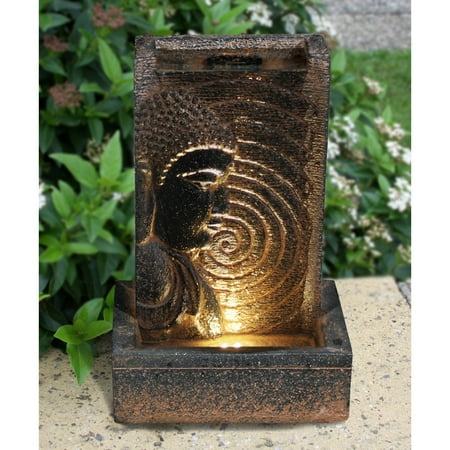 resin meditating buddha on column patio fountain with led light