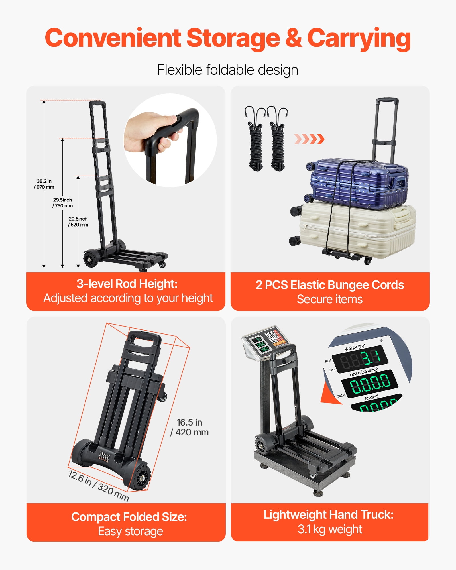 VEVOR Folding Hand Truck, 290 lbs Load Capacity, Collapsible Luggage Cart with 4 Wheels,2 Elastic Ropes & Expandable Base,Utility Dolly Platform Cart for Airport Travel Luggage Office Moving,Black