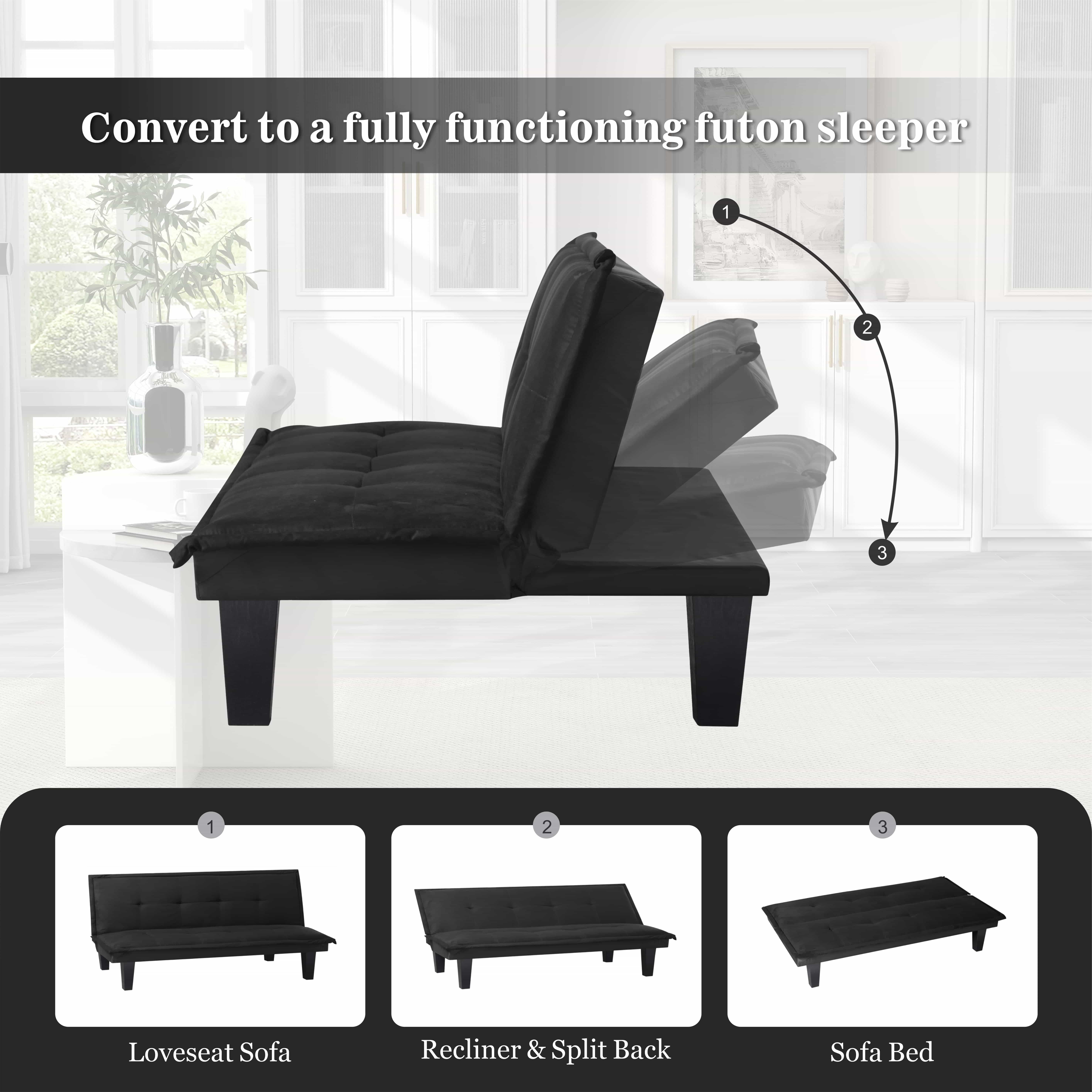 BSHTI 63.8 inch Futon Sofa Bed，Black Faux Suede Upholstered Sofa Couch,Convertible Sleeper Futon Sofa Bed for Livingroom