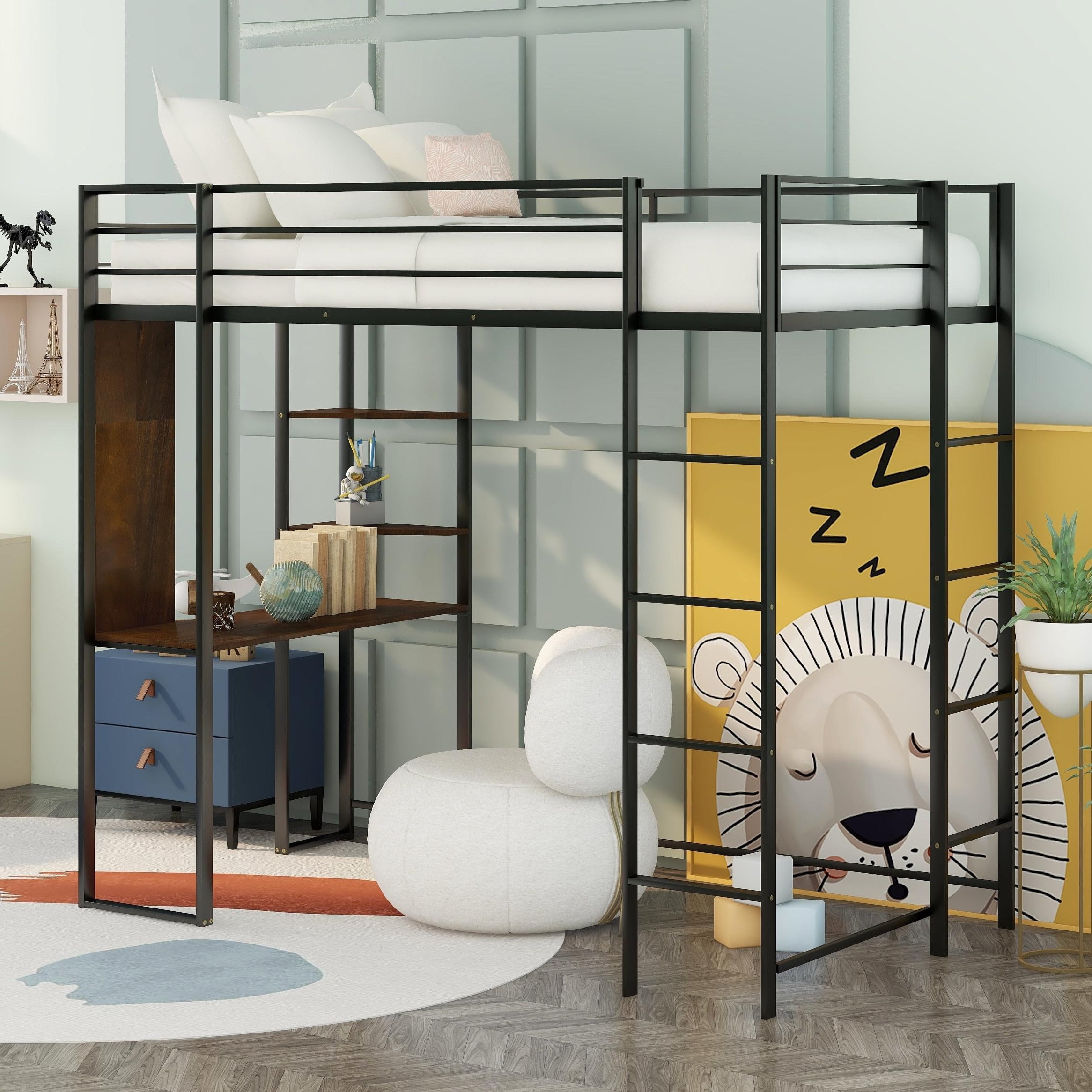 Bellemave Twin Size Loft Bed with Desk and Shelves, Metal Loft Beds