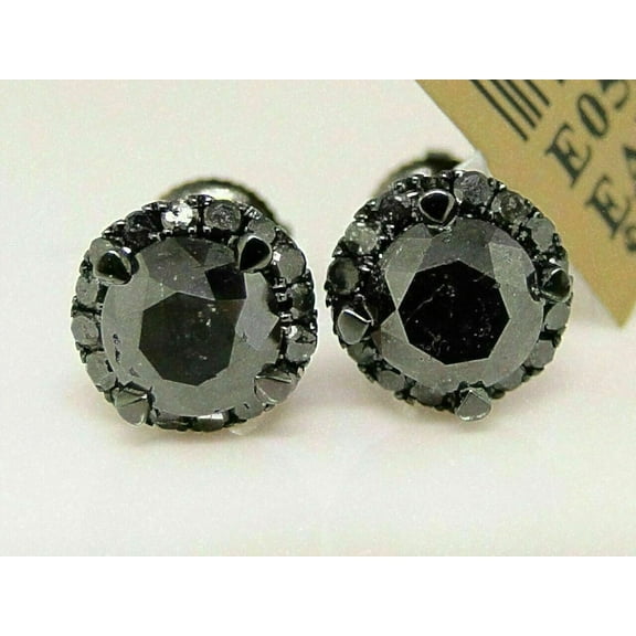4Ct Lab-Created Black Diamond Screw Back Halo Stud Earring 14K Black Gold Finish