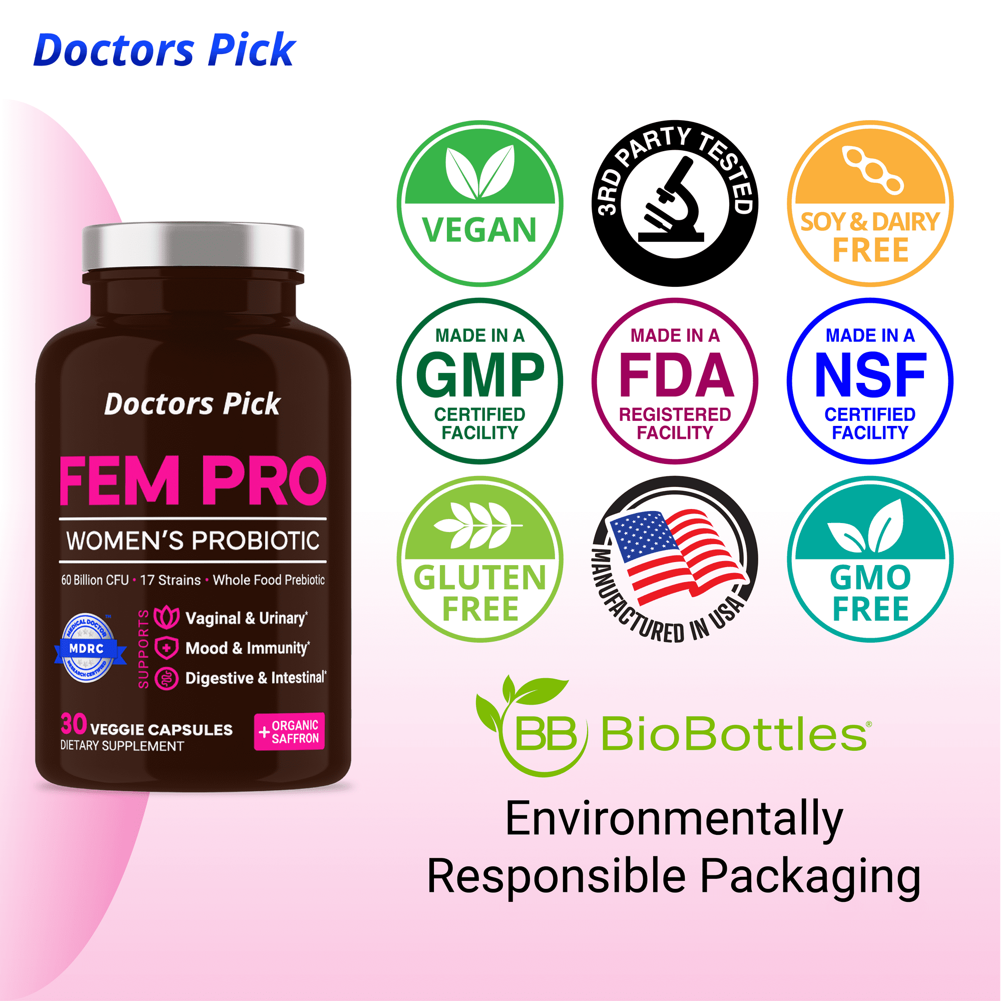 Doctors Pick Fem Pro Probiotics for Women. 17 Clinically Effective Strains for Vaginal, Digestive & Immune Support, Urinary Tract Health, pH Balance and Mood. Organic Prebiotic, 30 Veggie Capsules