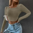 thumbnail image 4 of WREESH Womens Fashion Crop Tops Square-Neck Solid Color Knit Slim Long Sleeve Blouse Tops Green, 4 of 7