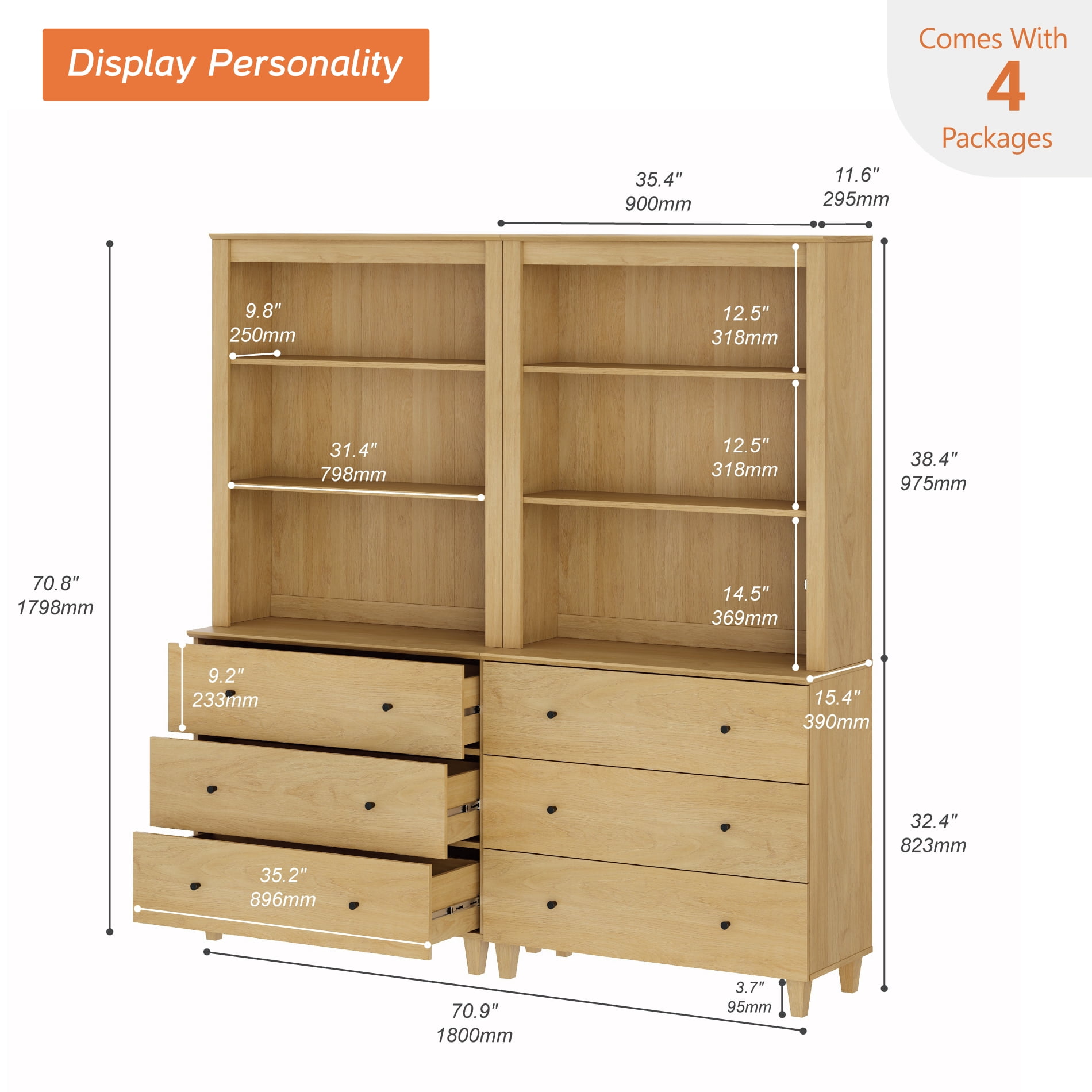WAMPAT Modern 71" Tall Pantry Cabinet with 6 Smooth-Glide Drawers & Adjustable Shelf for Dining Room, Oak Wood