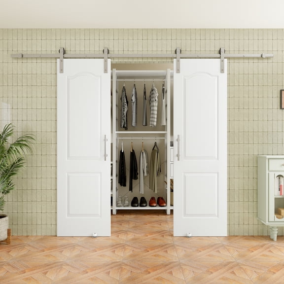 48" x 80" Arch Top 2-Lite Waterproof White Primed Solid Core Composite MDF Wood Sliding Barn Door With Hardware Kit