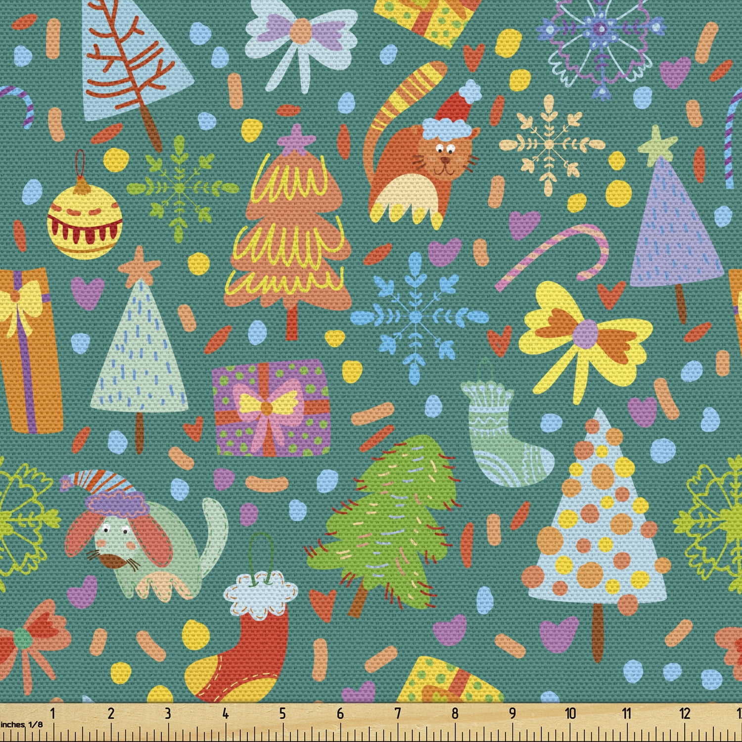 Christmas Fabric by the Yard, Colorful Doodle Elements Cheerful Layout Kittens Trees and