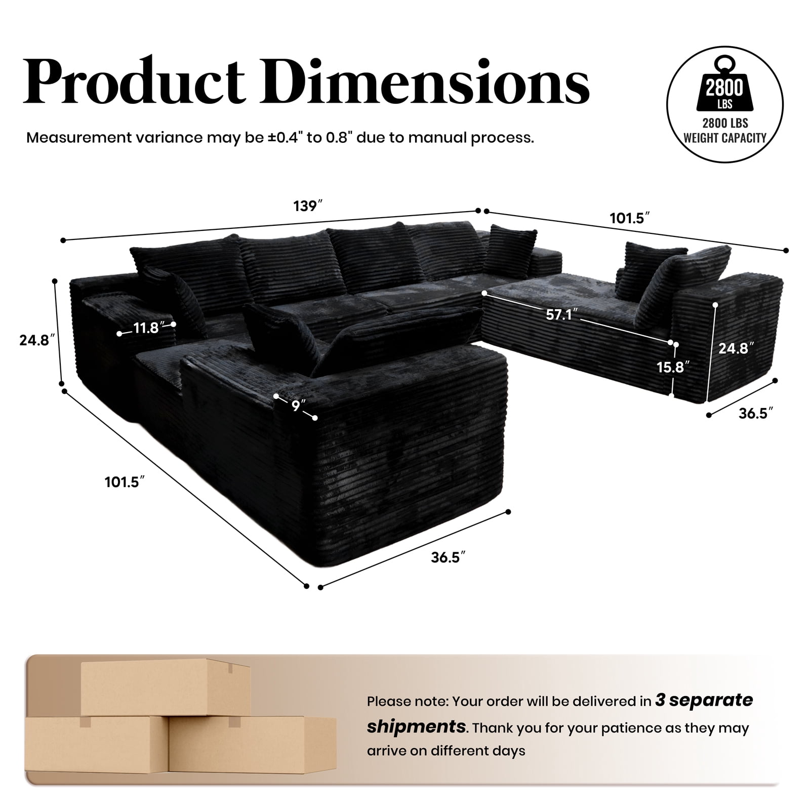 Kelyda 139'' U Shaped Sectional Couches, Modern Modular Boneless 8 Seater Large Foam Cloud Sofa Black
