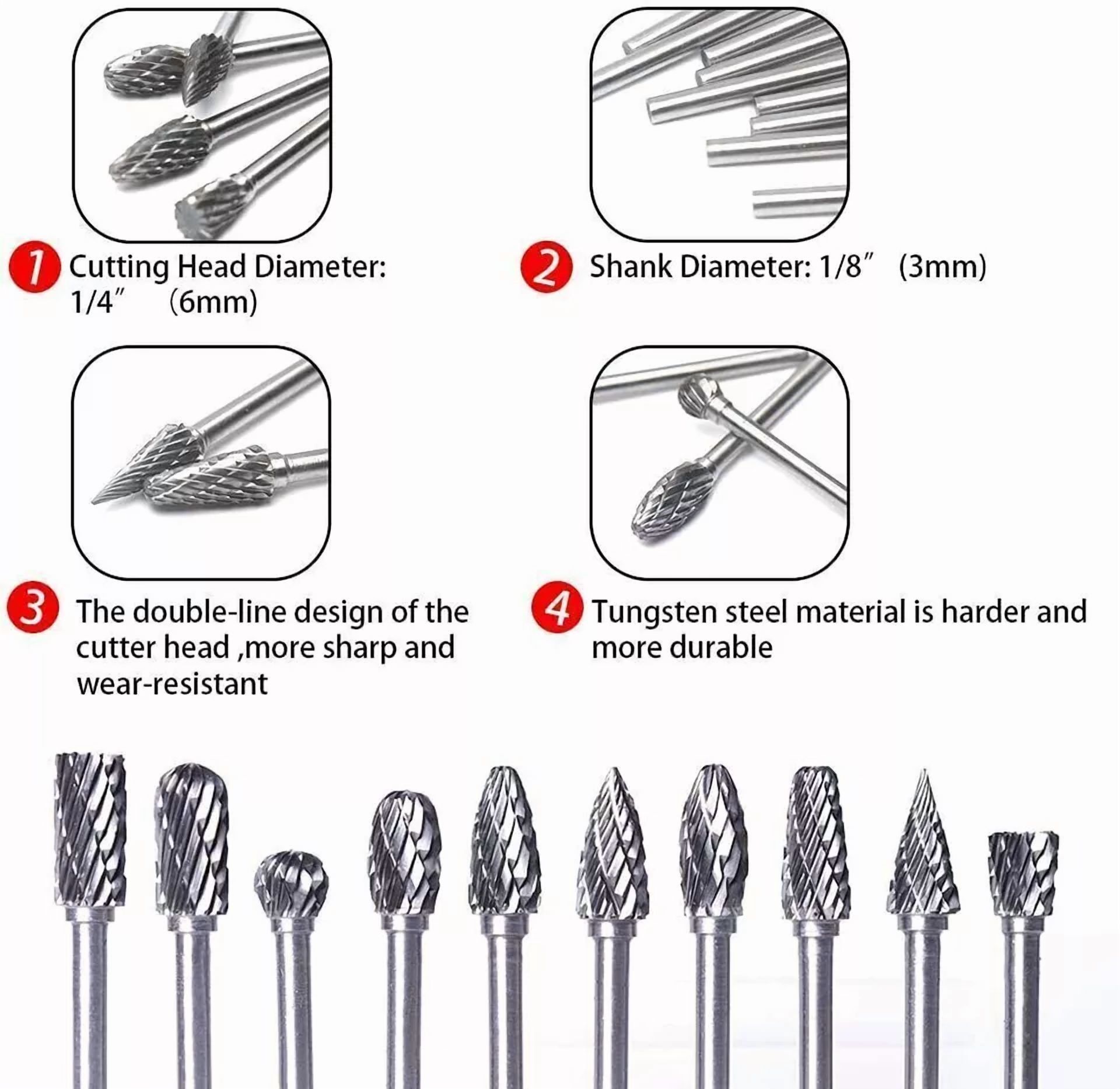 CIRCLE- Steel Tungsten Carbide Rotary Burr Bit Set 1/8" Cutting Carving Burrs For Dremel