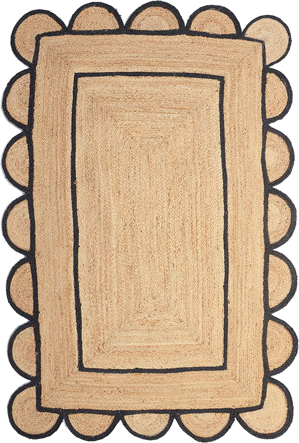 Black Natural Scallop Pattern Jute Bohemian Area Rug
