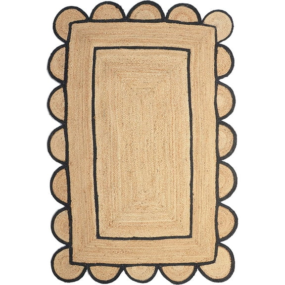 Black Natural Scallop Pattern Jute Bohemian Area Rug