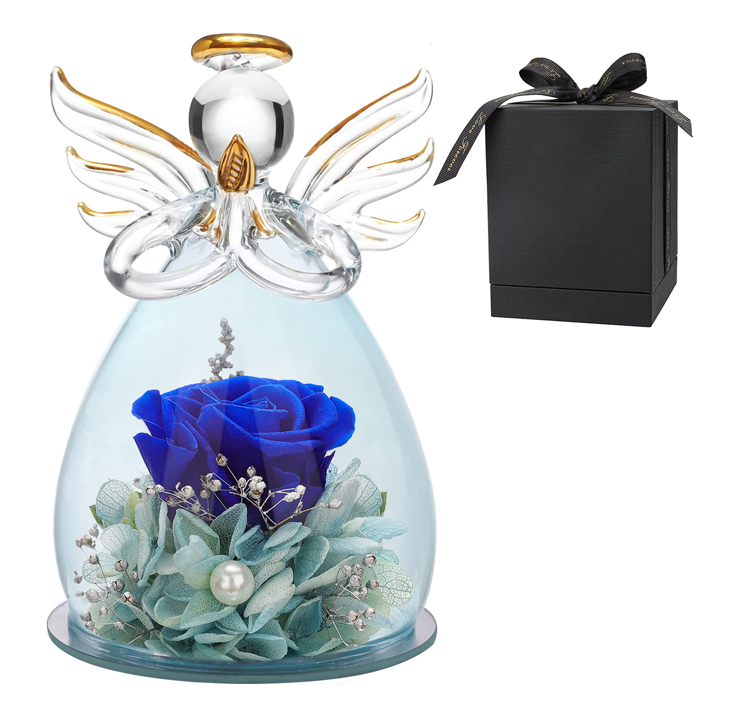 Preserved Real Rose in Glass Dome Eternal Rose with Angel Figurines for