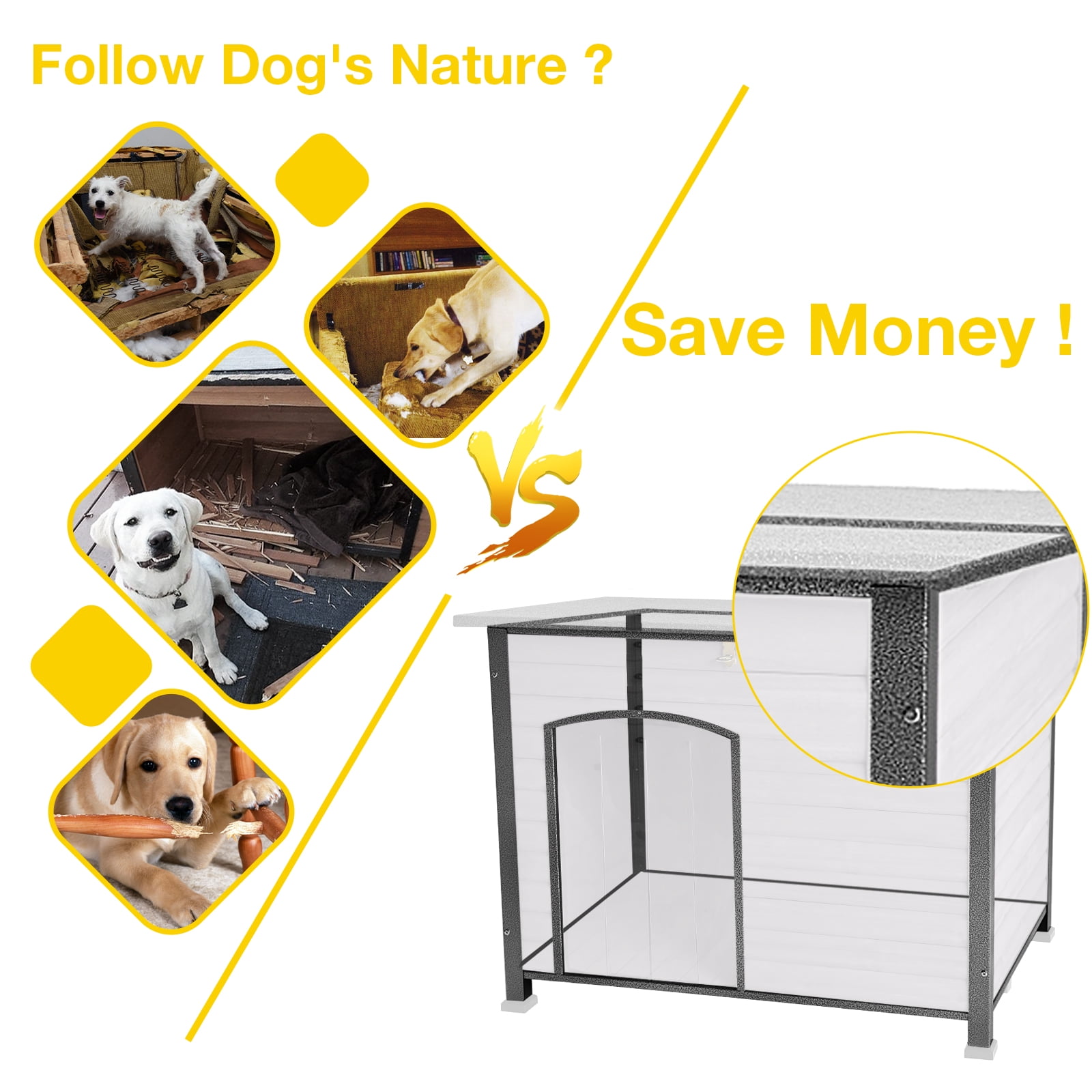 Aivituvin Indoor Outdoor Dog House,Anti-Chewing Iron Frame Dog Kennel,Wood Warm Pets Home,Weatherproof Outside Shelter