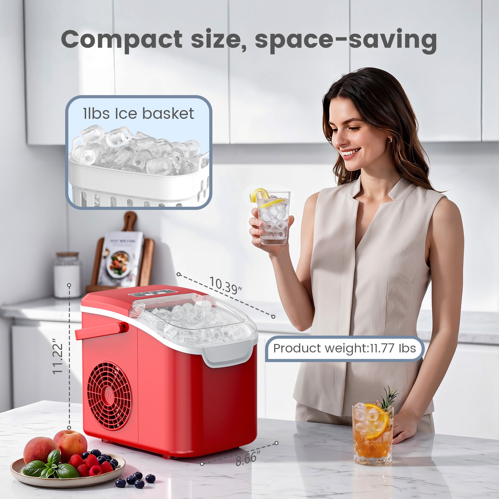 KNDKO Countertop Ice Maker Ice Machine With Handle,Self-Cleaning Ice Makers, 26Lbs/24H, 8 Ice Cubes Ready In 6 Mins For Home/Kitchen/Bar/Party/Camping