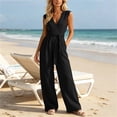 thumbnail image 2 of Women's Casual Loose Overalls Jumpsuits Fashion Solid Color V Neck Sleeveless Waist Ties Jumpsuits with Pockets Trendy Wide Leg Jumpsuits Dressy, 2 of 7
