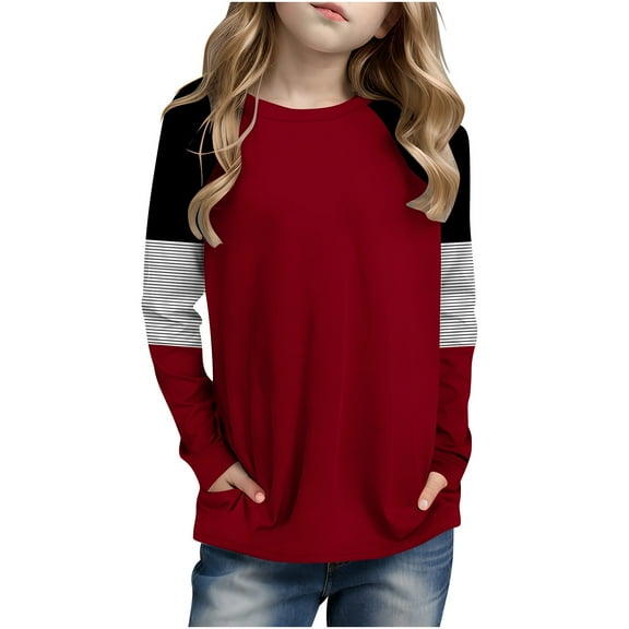 Posijego Girls Striped Long Sleeve Shirts Kids Round Neck Color Block Tunic Tops Spring T-Shirts Size 4-14 Years
