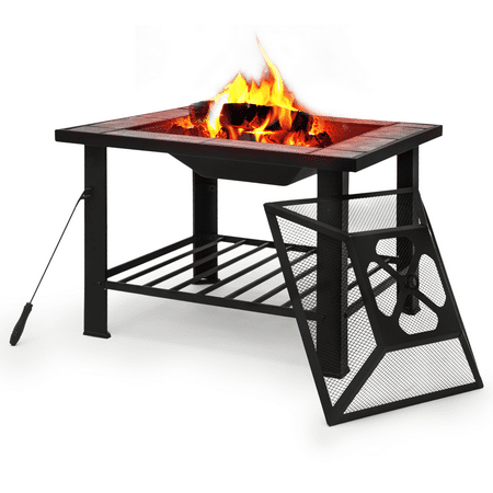 MoNiBloom 30" Square Fire Pit Table with Spark Screen Lid, Log Grate and Poker, Wood Burning Fire Pit with Shelf and Removable Tile, Black
