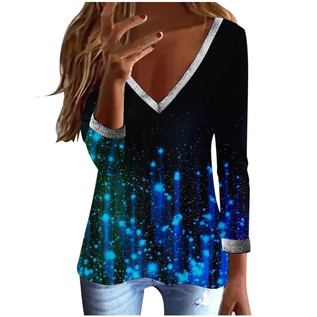 Pompotops T-shirt Décontracté pour Femmes Imprimé Manches Longues Col en V Froncé Blouse Pull Tops Liquidation