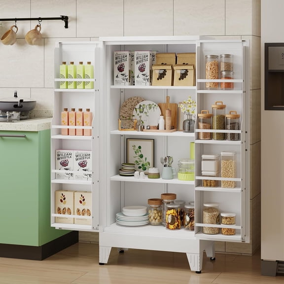 51" H Metal Kitchen Pantry Storage Cabinet, Freestanding Tall Cupboard Storage Cabinet with Doors and Adjustable Shelves, Large Stand Up Food Cupboard for Living Room, Dinning Room(White)