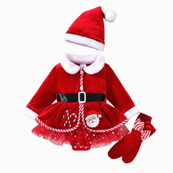 Xyant Baby Girl Christmas Outfits Velvet Long Sleeve Santa Romper Mesh Tutu Dress Hat Socks My First Christmas Baby Girl Outfit,Size 6-9 Months