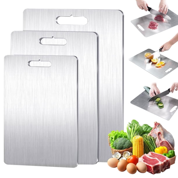 3 Piezas Tabla Para Picar Acero Inoxidable, Titanium Cutting Board, Tablas Para Picar Cocina Antideslizante, Tablas de Cortar de Titanio 100% Puro de Doble Cara, Resistente Duradero